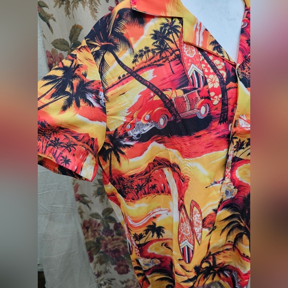 Misslook Hawaiian Shirt Aloha Shirt Surfing Island Sunset Button Down Size Lg - Picture 2 of 8